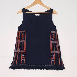 Madewell Womens XS Navy Blue Tribal Embroidered Fringed Sleeveless Boho Tank Top